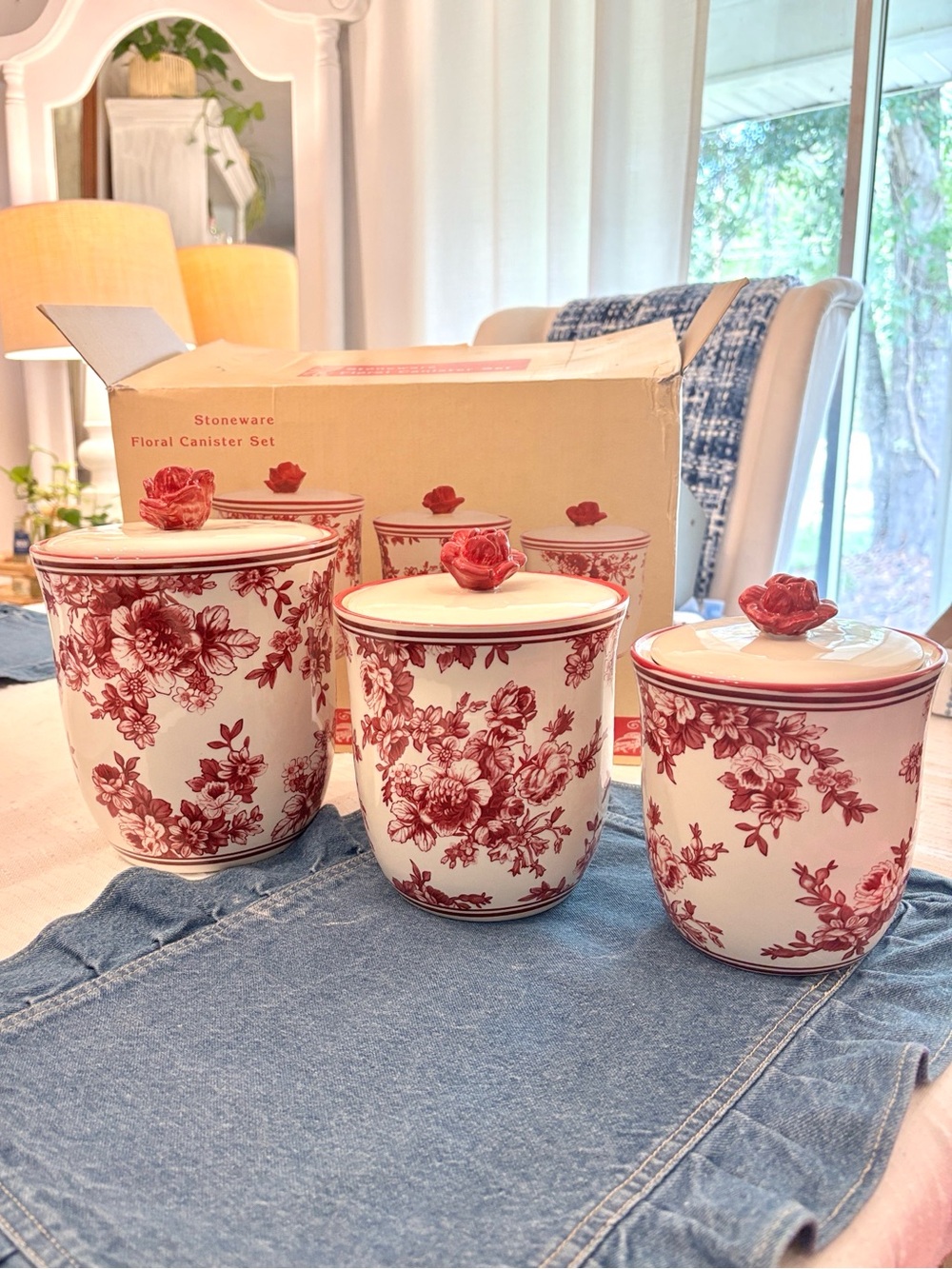 New Cracker Barrel Red Floral Toile Chinoiserie Canister Set
